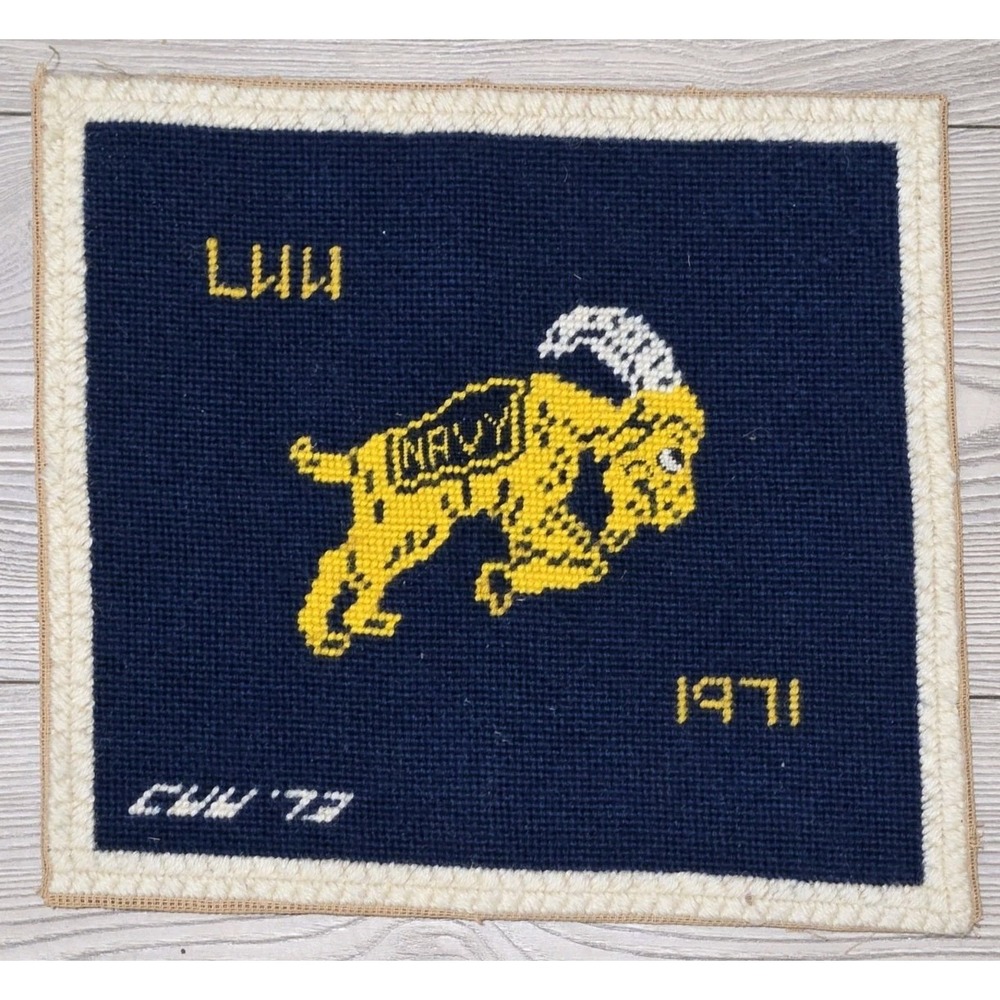 Vtg Naval Academy Navy Cross Stitch 1971‎ Goat 12"x9" Art Work